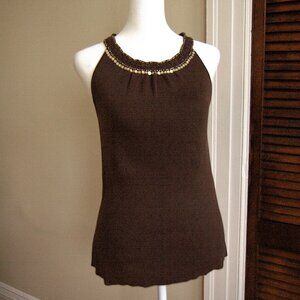 LOFT 100% Pima Cotton Brown Tank Top with Sequin, Bead, and Crochet Neckline